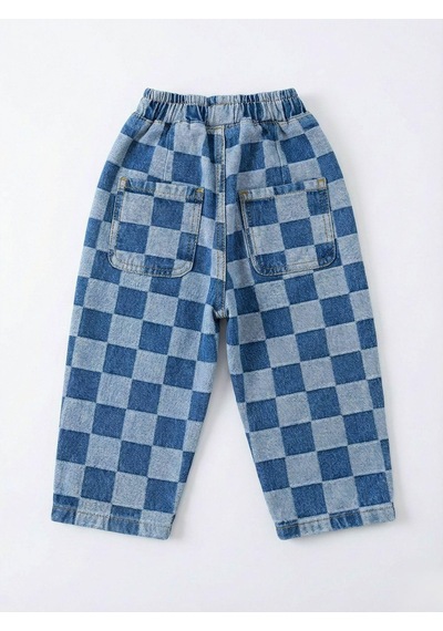 Magu Erkek Çocuk Kare Desenli Mavi Denim Pantolon