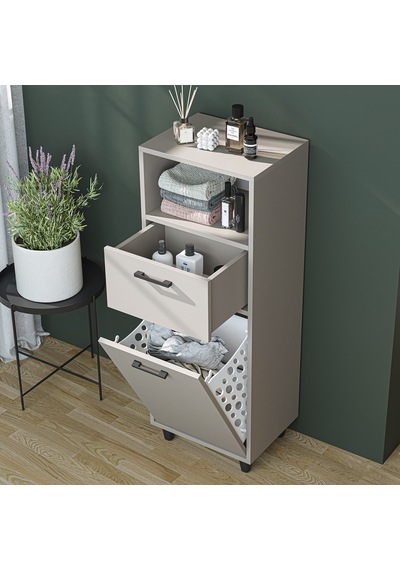 Çamaşır Sepetli Banyo Dolabı, Çok Amaçlı Çekmeceli Dolap 45 Cm Kumtaşı