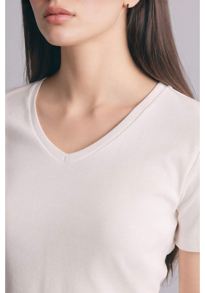 Defacto Slim Fit Dar Kesim V Yaka Basic Düz Ribana Kısa Kollu Tişört I1080az25auer105 Ekru