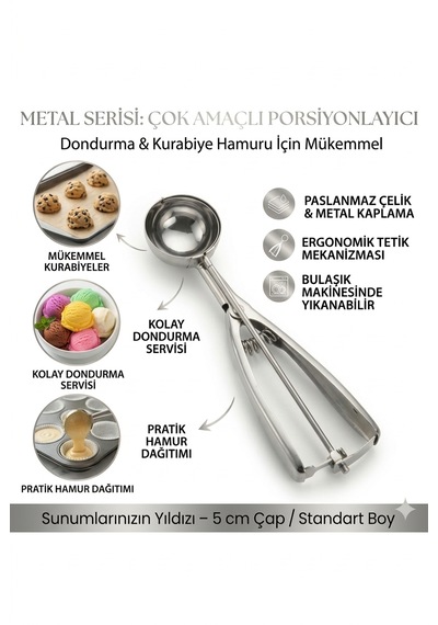Metal Paslanmaz Çelik Dondurma Kaşığı - Çok Amaçlı Kurabiye Ve Hamur Porsiyonlayıcı 5 Cm Gri