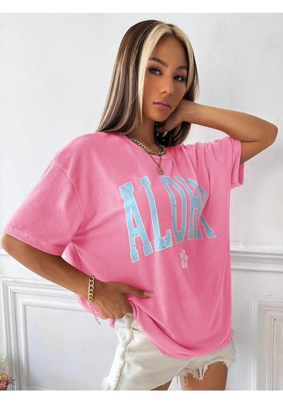Pembe Oversize Aloha T-shirt - Oversize Baskılı Pembe
