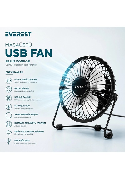 Usb Şarjlı - Metal Gövde 14.5x7.5x15cm Mini Masaüstü Fan - Vantilatör Efn-482 5580