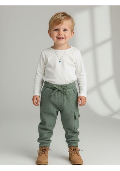 Zekids Erkek Çocuk Beli Lastikli Dokulu Kargo Pantolon-15728 Yeşil