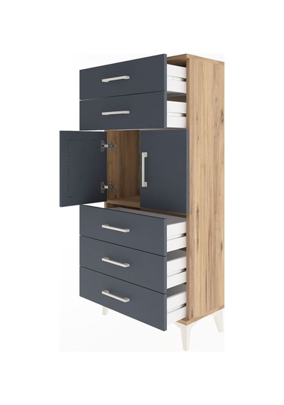 Arges Dolap Tek Raflı 5 Çekmeceli 2 Kapaklı 60x30x134 Çam-ant... Çam