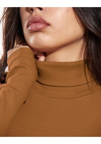 Alya Underwear Kaşkorse Tam Boğazlı Body Sweatshirt, Fitilli Kumaş, Likralı, Gül Kurusu Açık Kahve