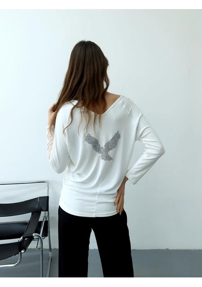 Mirve Butik Kolları Tül, Sırtı Parlak Taşlı Bluz Beyaz