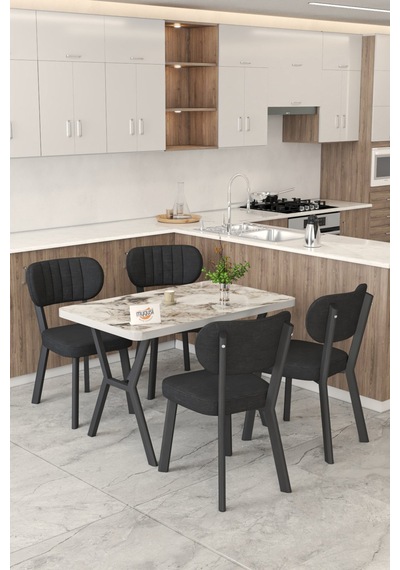 Gnr 70x110cm Sabit Efes Mutfak Masası Takımı, Yemek Masası, 4 Modern Siyah Sandalye Siyah