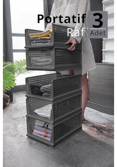 3 Lü Kayar Raf Organizer Gri Dolap Içi Kıyafet Aksesuar Düzenleyici 45x35 Cm Mıt1263 Genel