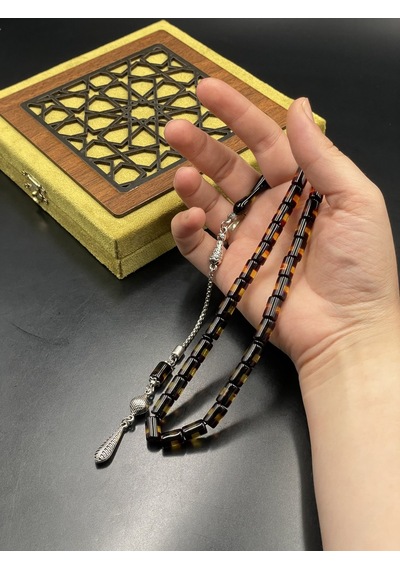 Onurlu Tesbihane Çift Renk Beyrut Tesbih Sarı Küt Kesim 7x11 Mm Erkek Tesbihi Gümüş