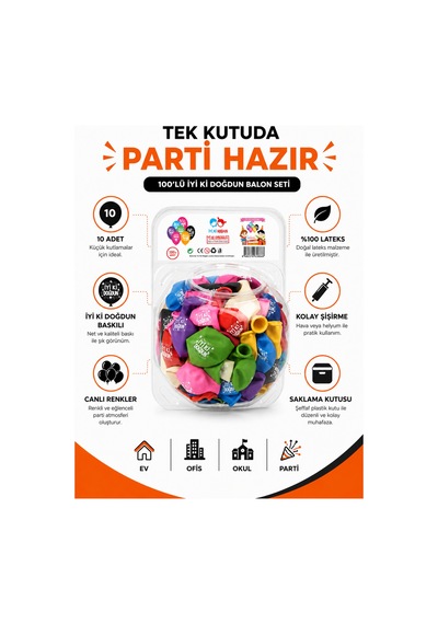 10'lu İyi Ki Doğdun Baskılı Lateks Balon Seti Pompa Hediyeli Plastik Saklama Kutulu Doğum Günü Parti Süsü Çok Renkli