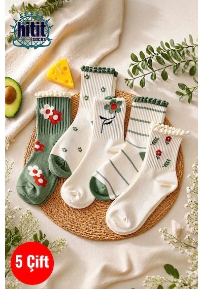 Hitit Socks Kadın 5 Çift Premium Kabartma Desenli Çiçek Ve Çi... Çok Renkli