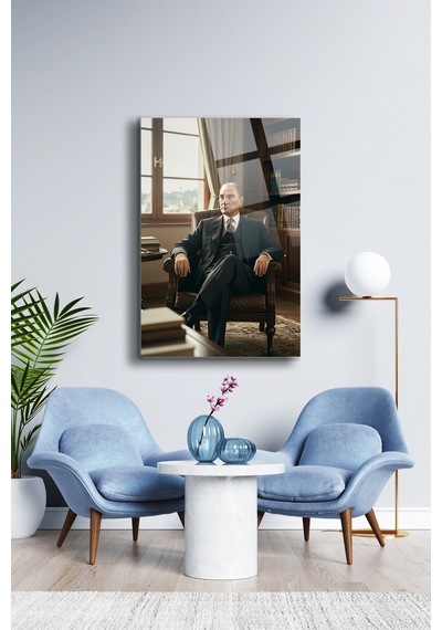 Atatürk Cam Tablo - Portre - Cam Tablo - Duvar Dekoru - Atatürk Portresi - Kaliteli Baskı Ata024 Atatürk Temalı Dekoratif Duvar Tablosu, Salon, Ofis Ve Çalışma Alanı Dekoru,