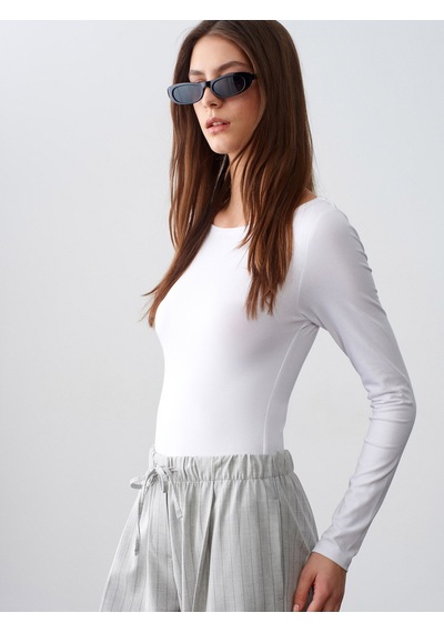 Dilvin 32549 Kayık Yaka Bodysuit-beyaz Beyaz