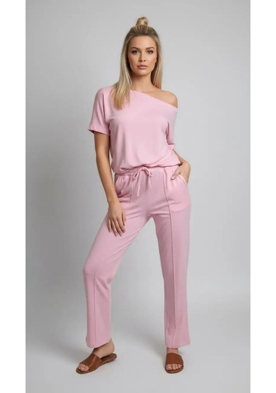 Park Karon 26022 Kadın Kayık Yaka Bluz Bağcıklı Pantolon Penye Alt Üst Takım Pembe