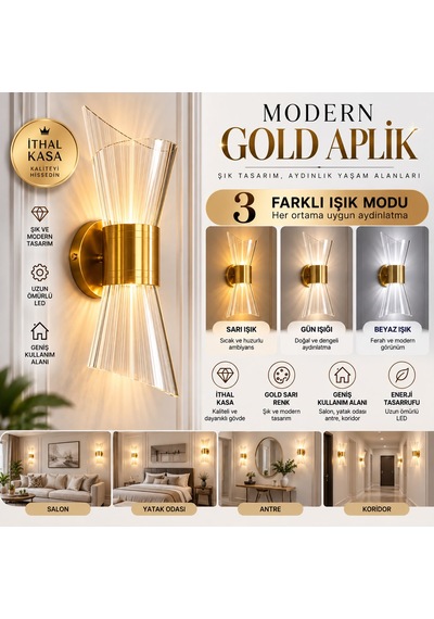 Gold Modern Aplik Duvar Lambası 3 Renk Işık Modlu Elektrikli Şık Dekoratif Led Aydınlatma Pilli Değildir Sarı