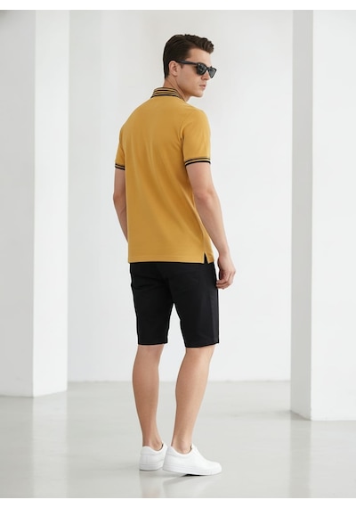 Giyim Dünyası Erkek Yaka Çizgili Polo Yaka Kısa Kol Tshirt Hardal