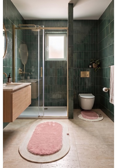Banyo Paspası Takımı 60x100+40x60 Cm Düz Pembe & Krem