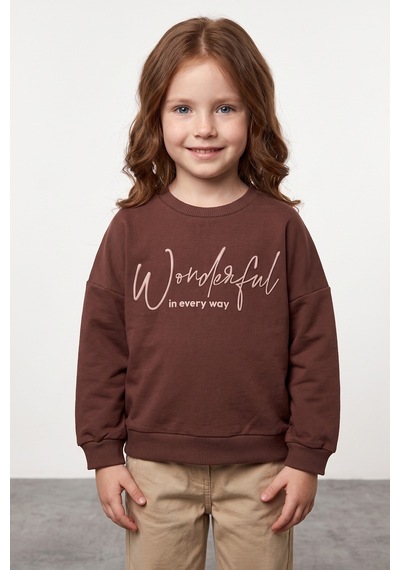 Fullamoda Kabartma Baskılı Oversize Kız Çocuk Sweatshirt Kahve