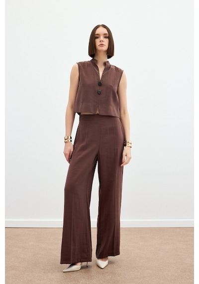 Sateen Yüksek Bel Keten Pantolon - Kahve-136164 Kahve