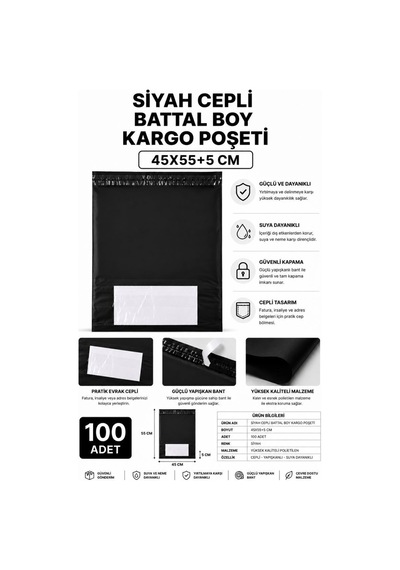 Northcity Siyah Cepli Battal Boy Kargo Poşeti 45x55+5 Cm 100 Adet