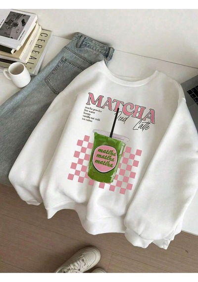 Startmore Women's Casual Loose Fit Matcha Drink Graphic Pullover Sweatshirt, Round Neck Long Sleeve Çok Renkli