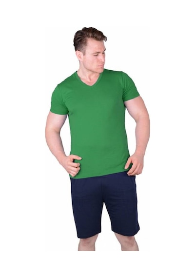 Bsm Erkek V Yaka Kısa Kol Modal Serin Tutan İnce Yeşil Şortlu Pijama Takımı Yeşil