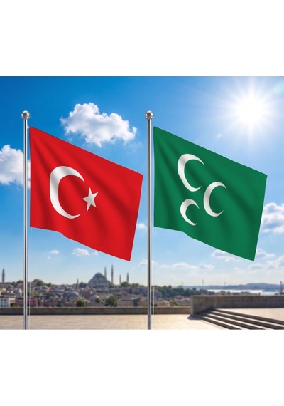 Yeşil Üç Hilal Osmanlı İmparatorluğu Sancağı Bayrağı Ve Alpaka Kumaş Türk Bayrağı 2'li Set 70x105cm Diğer