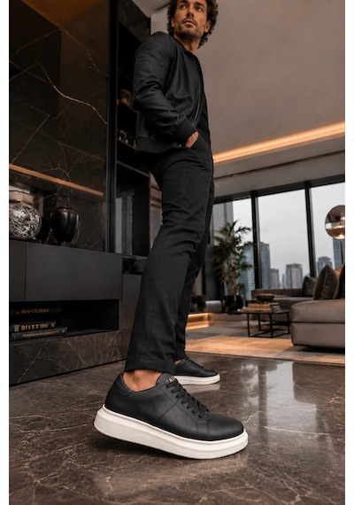 Mevese Tsoob Bağcıklı Cilt Erkek Günlük Rahat Taban Sneaker Ayakkabı - Siyah Beyaz
