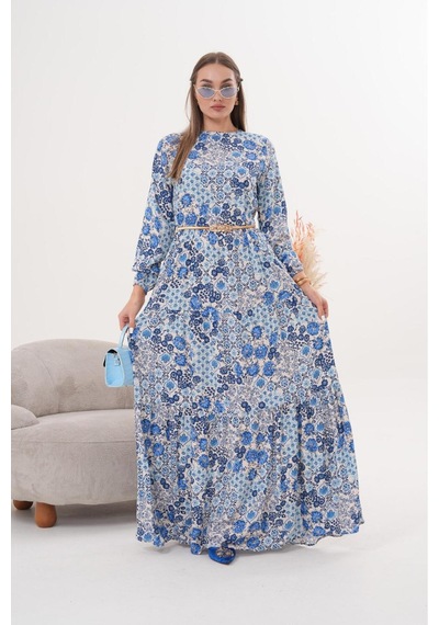 Polologin Butik Çiçekli Viskon Elbise Mavi