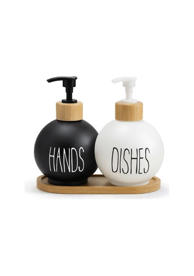 Bambu Stantlı Top Model Cam Sabunluk, Hands & Dishes 500 Ml Sıvı Sabunluk Seti Siyah-beyaz