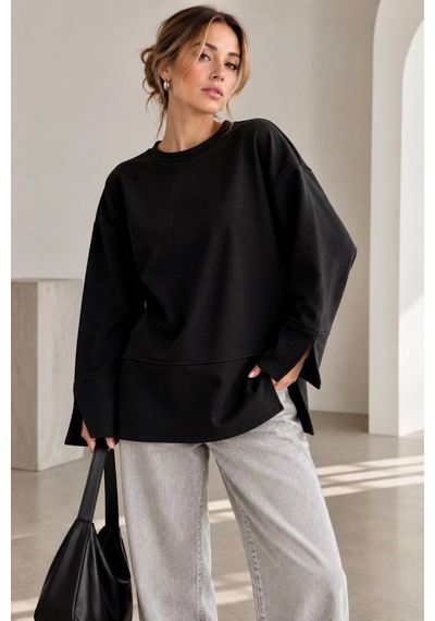 Bb Butik Basic Oversize Yırtmaç Detaylı Bisiklet Yaka Sweatshirt Zg3535 siyah