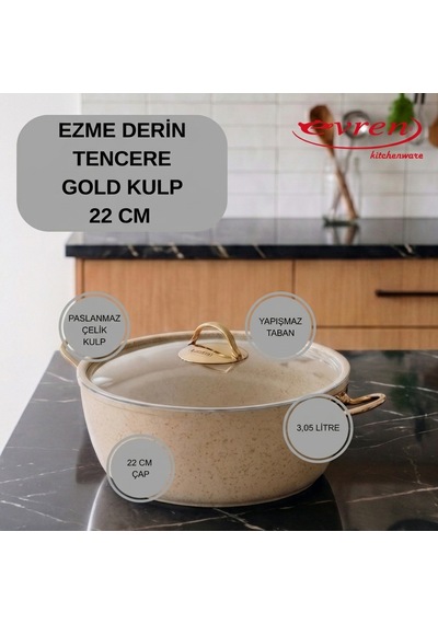 18 Cm Cream Ezme Seri Granit Derin Tencere, Non-stick Derin Tencere 1,6 Lt Gold Çelik Kulp 22 Cm