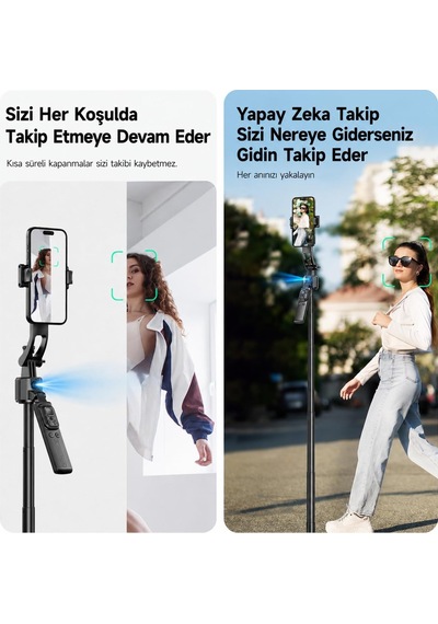 Aı Yüz Takipli Selfie Çubuğu Tripod, 360 Otomatik Takip Gimbal, Quadrapod 4 Ayaklı Taban, Uzaktan Kumandalı, Teleskopik Ayarlanabilir Boy, Telefon Tutuculu Vlog Standı