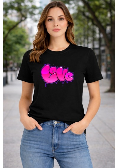 Herkesemoda Love Baskı Detaylı Basic T-shırt Siyah