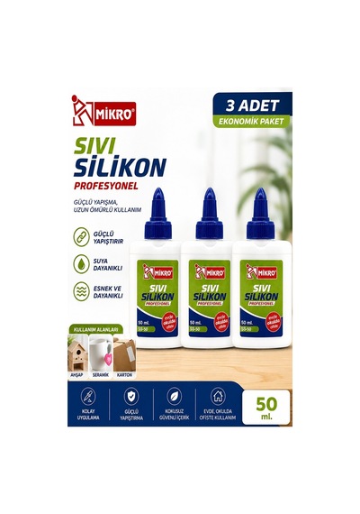 Sıvı Silikon Yapıştırıcı 50 Ml 3 Adet Mikro Silikon Yapıştırıcı Sıvı 50 Gr Plastik Cam Mermer Kağıt Karton Tahta Köpük