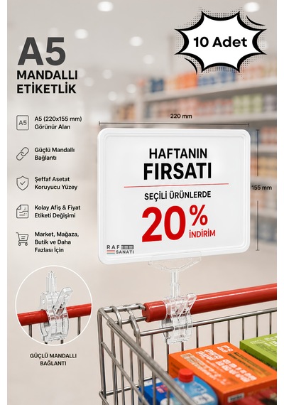 10 Adet - A5 Mandallı Etiketlik Fiyatlık Sepet Raf Askılık Fiyat Etiketi Çerçeveli Market Mağaza Beyaz