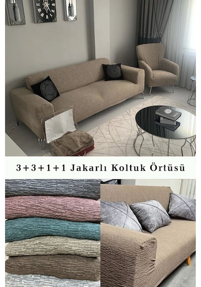 Upmall Jakarlı Koltuk Kanepe Kılıfı Çekyat Örtüsü 3+3+1+1 Kahve