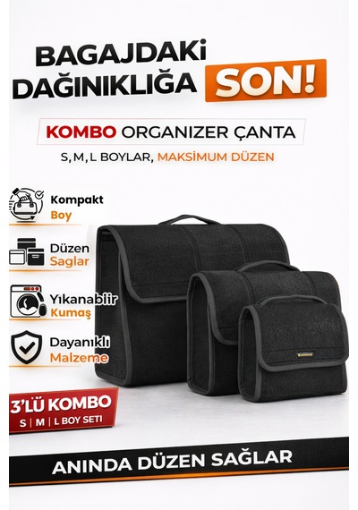 Oto Bagaj Organizer Bagaj Çantası 3'lü Kombo Boy Kaymaz Cırt Bantlı Velur Kompakt Düzenleyici - Vcx3