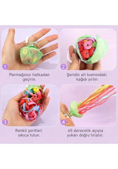 30 Şeritli Renkli Elle Atılan Konfeti 5 Metre Uzayan Şerit Konfeti 1 Adet Standart