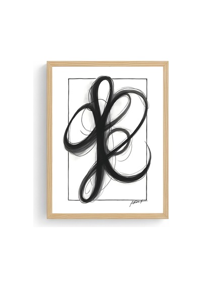 Doğal Ahşap Çerçeveli Minimal Siyah Desenli Tablo - Soyut Huhu1202