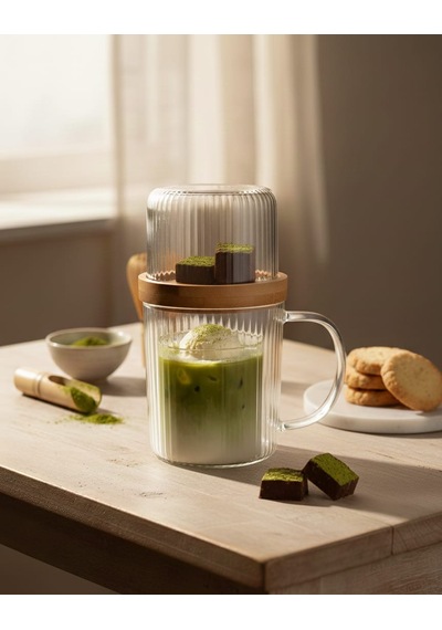Sunum Fanuslu Bambu Kapaklı Şık Cam Kupa Seti 300ml Cam - Şeffaf
