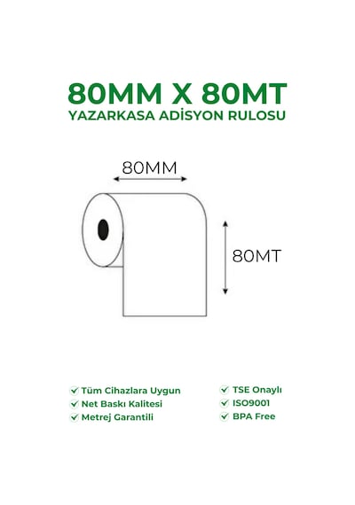 80x80 Termal Rulo Yazarkasa Adisyon Rulosu 10 Paket 100 Adet Tse Belgeli Bpa Free