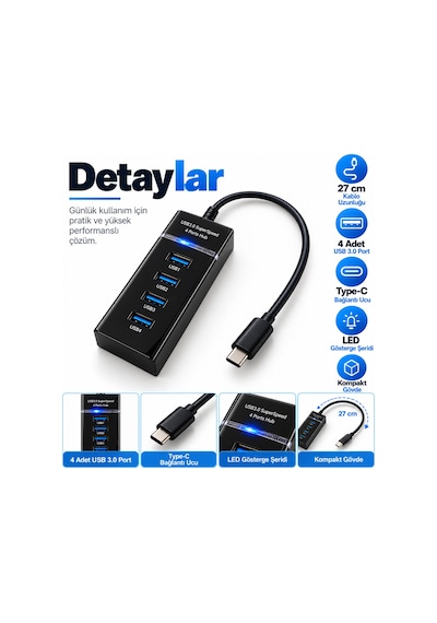 Gabble Type-c Usb 3.0 Hub 4 Port 5gbps 27 Cm Kablolu Led Usb Çoklayıcı