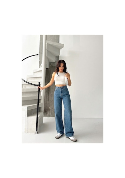 Kene Jeans Kadın Yüksek Bel Tintli Boyfriend Bol Paça Denim Kot Pantolon Tintli