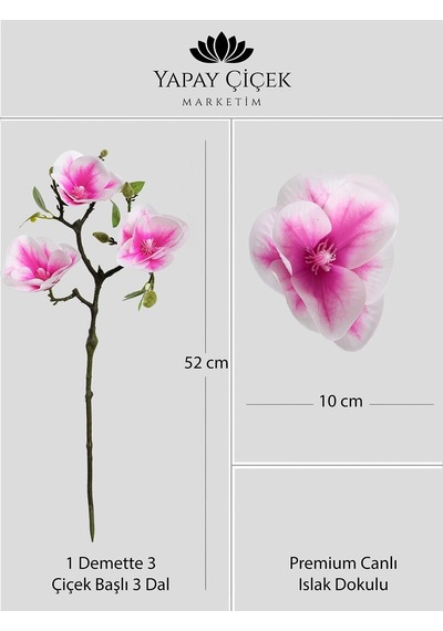 Mor Yapay Manolya Çiçeği 3 Dallı Premium Canlı Islak Dokulu 52 Cm