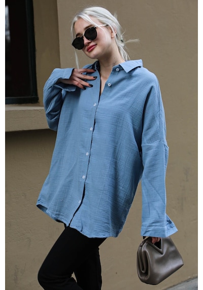 Madmext Mavi Muslin Kumaş Basic Kadın Gömlek Mg1660-mavi Mavi