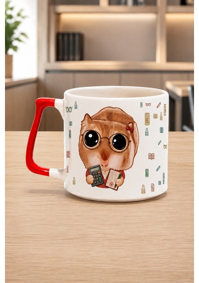 Sad Üzgün Hamster Mali Müşavir Erkek Baskılı Siyah Kulplu Prime Kupa - Mali Müşavire Hediye Bardak Prime Kupa - Kırmızı Kulp
