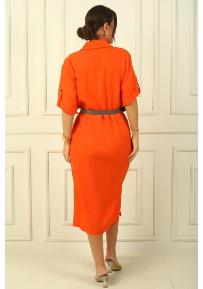 By Saygı Önü Düğmeli Beli Kemerli Çift Cepli Keten Efektli Uzun Elbise-38546-oranj Oranj