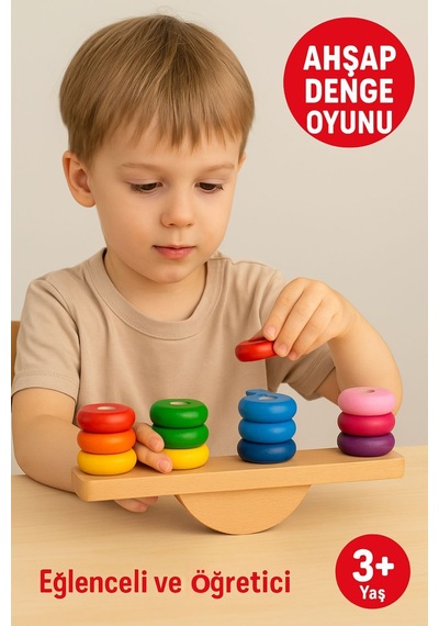 Ahşap Denge Oyunu Renkli Halkalı Eğitici Motor Beceri Ve Koordinasyon Geliştirici
