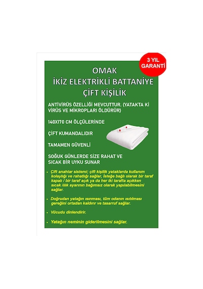 Omak Çift Kumandalı Büyük Boy Elektrikli Battaniye